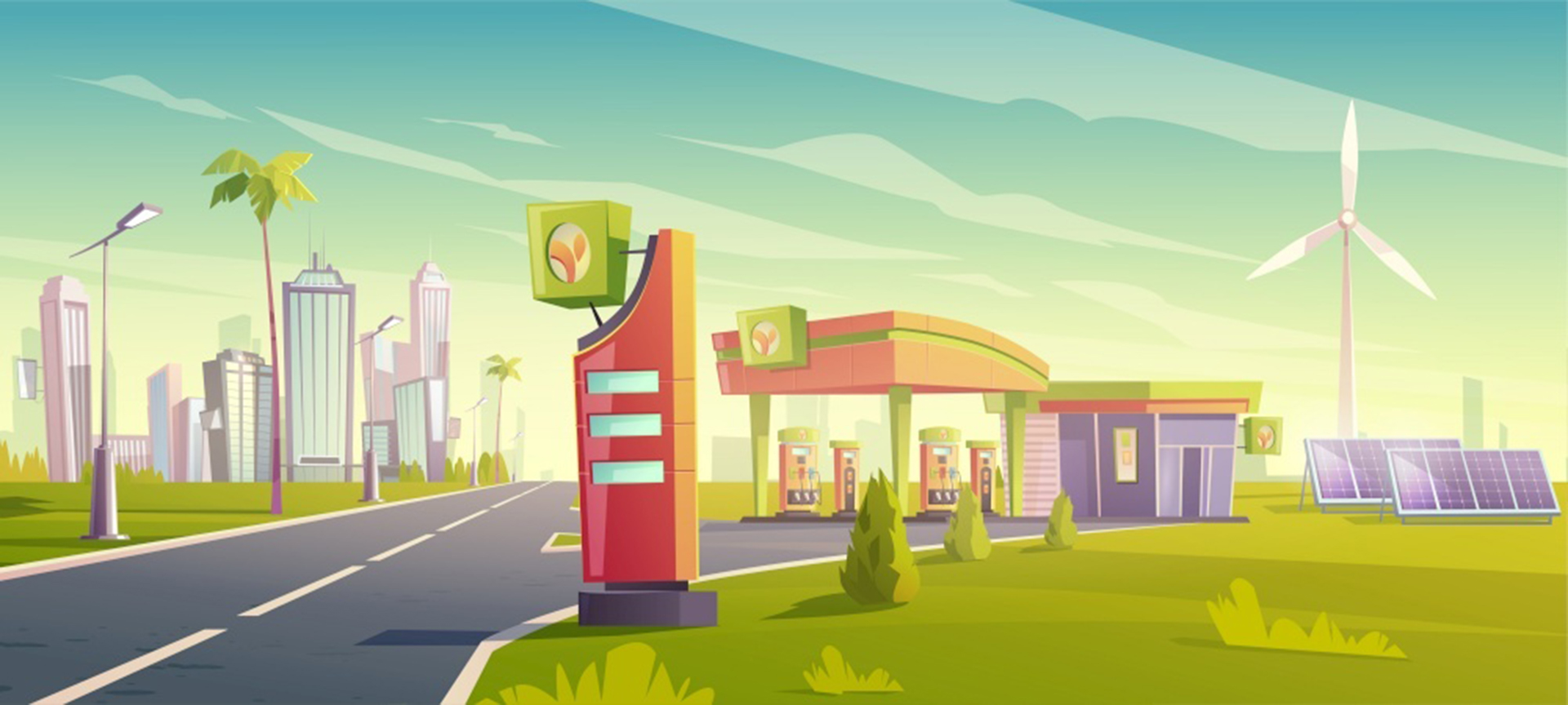 Eco gas station, green city car refueling service, nature friendly petrol shop with windmills, solar panels, building and price display, urban vehicle bio fuel selling. Cartoon vector illustration