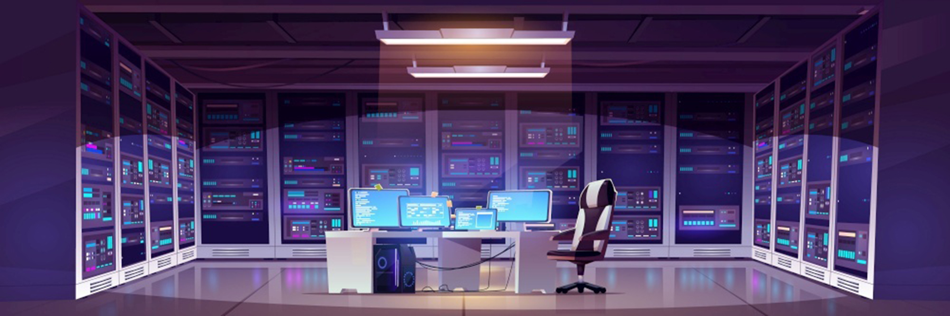 Комната центра обработки данных с серверным оборудованием, стулом и столом с компьютерными мониторами.Векторный мультяшный интерьер офиса хранения информации с панелью управления, стеллажами с оборудованием для сети